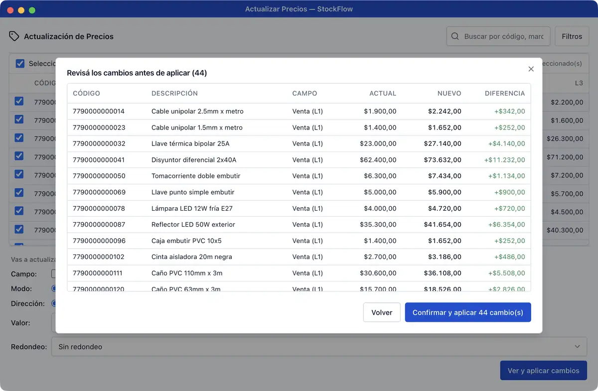 Vista previa de actualización de precios en StockFlow: precio actual, nuevo y diferencia por artículo