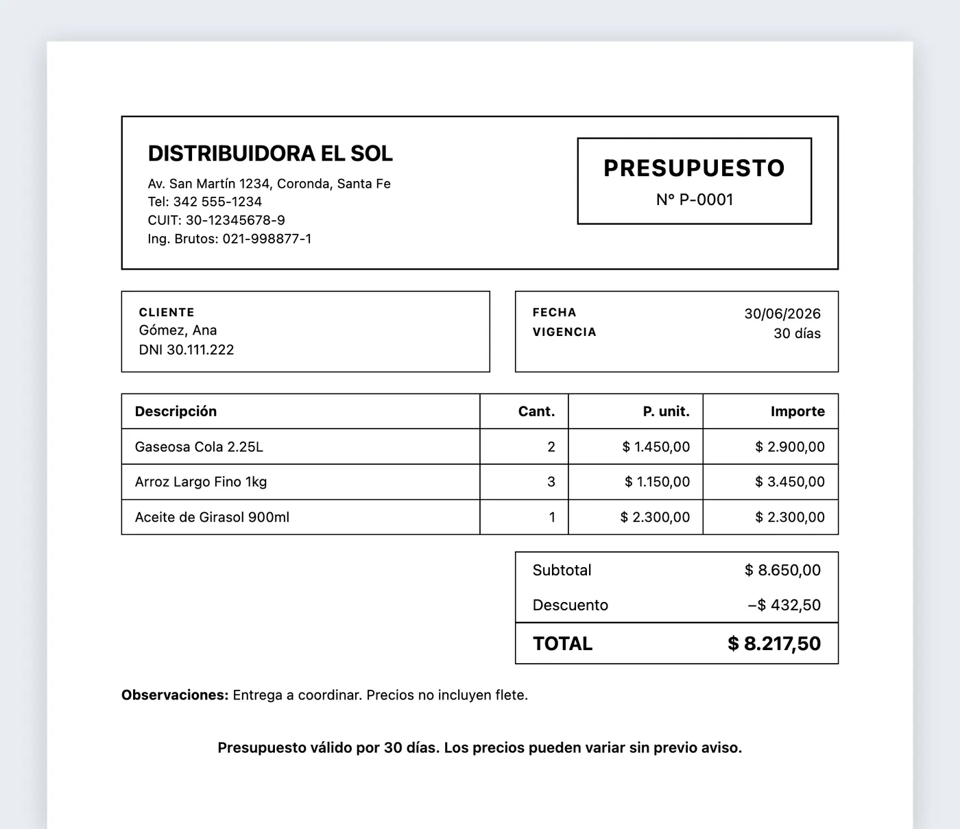 Presupuesto A4 de StockFlow